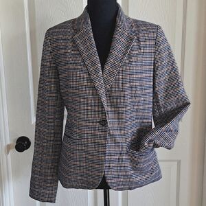 Merona Plaid Navy Orange Wool Blend Causal With Pockets Blazer Jacket